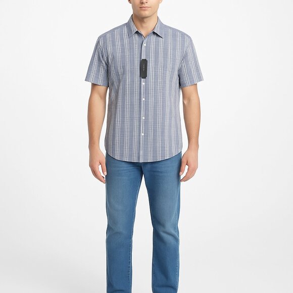 NWT Michael Kors Button Down Shirt Seersucker Blue Plaid Mens L - Picture 1 of 10